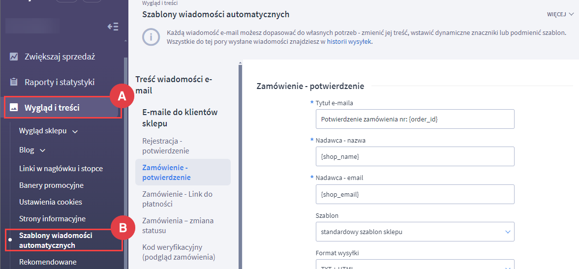 Wybierz wiadomość automatyczną do edycji Panel administracyjny > Wygląd i treści > Szablony wiadomości automatycznych