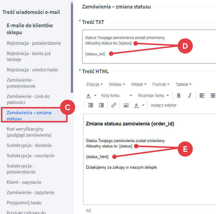 Panel administracyjny sklepu > Wygląd i treści > Szablony wiadomości automatycznych > Zamówienia - zmiana statusu