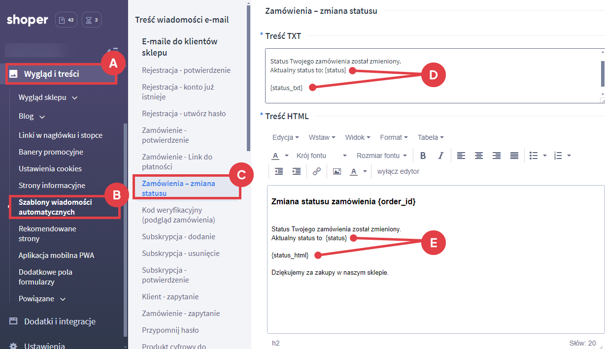 Panel administracyjny sklepu > Wygląd i treści > Szablony wiadomości automatycznych > Zamówienia - zmiana statusu