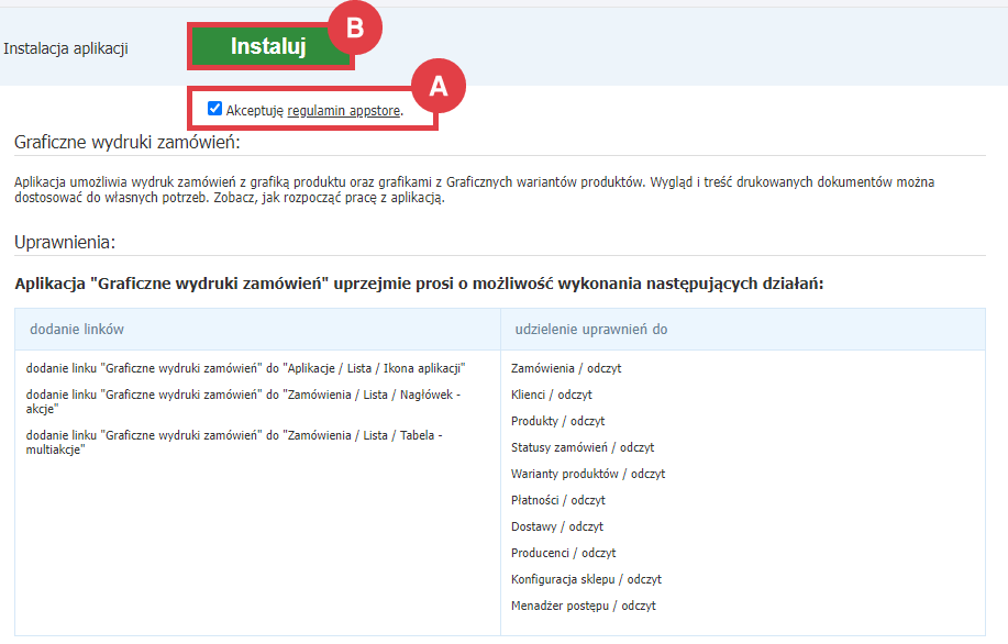 Panel administracyjny sklepu > Dodatki i integracje > Aplikacje > Graficzne wydruki zamówień > Instalacja