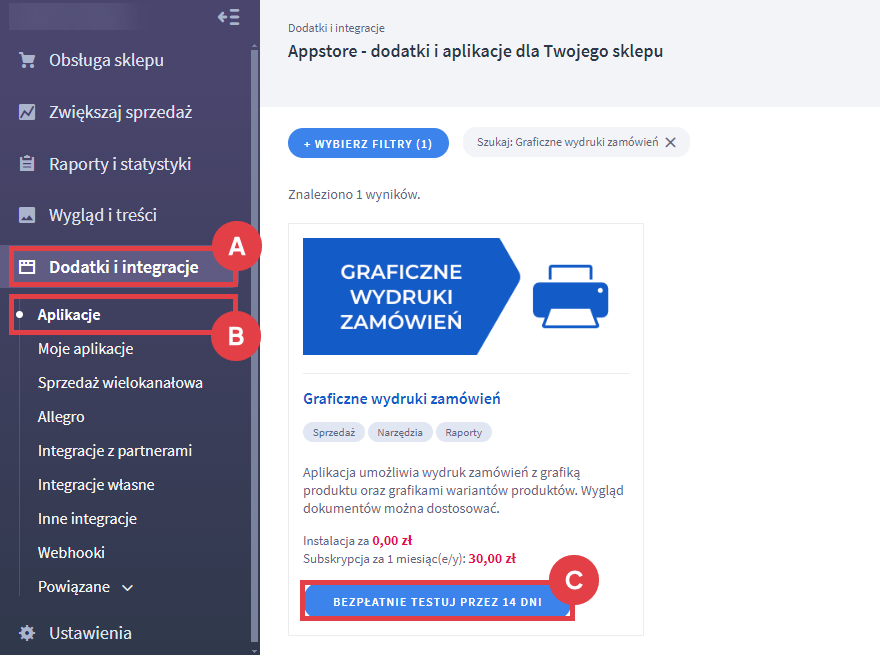 Panel administracyjny sklepu > Dodatki i integracje > Aplikacje > Graficzne wydruki zamówień