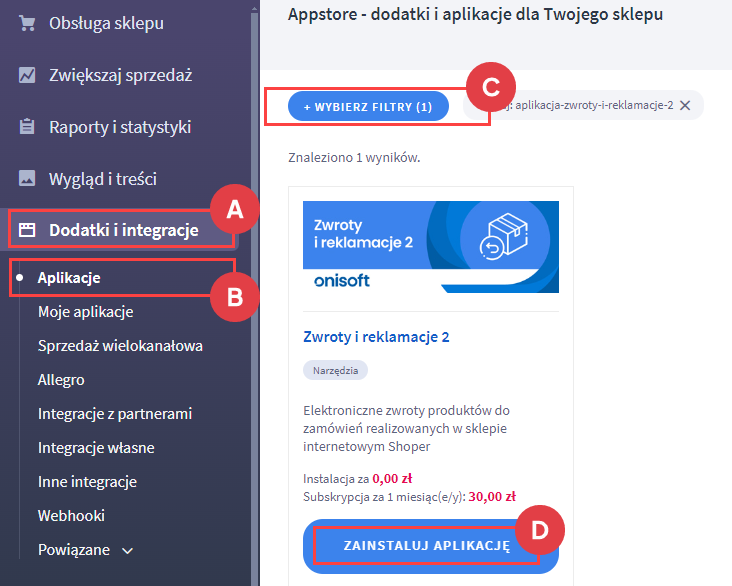 Wyszukaj aplikację do instalacji Panel administracyjny > Dodatki i integracje > Aplikacje
