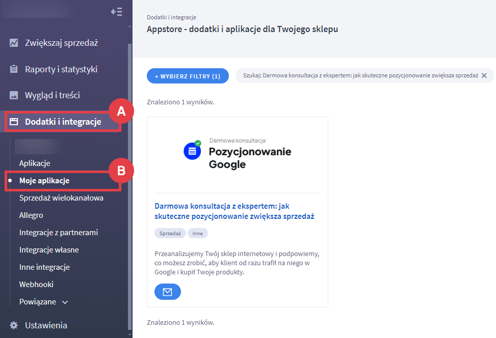 Panel administracyjny sklepu > Dodatki i integracje > Moje aplikacje > Darmowa konsultacja z ekspertem: jak skuteczne pozycjonowanie zwiększa sprzedaż