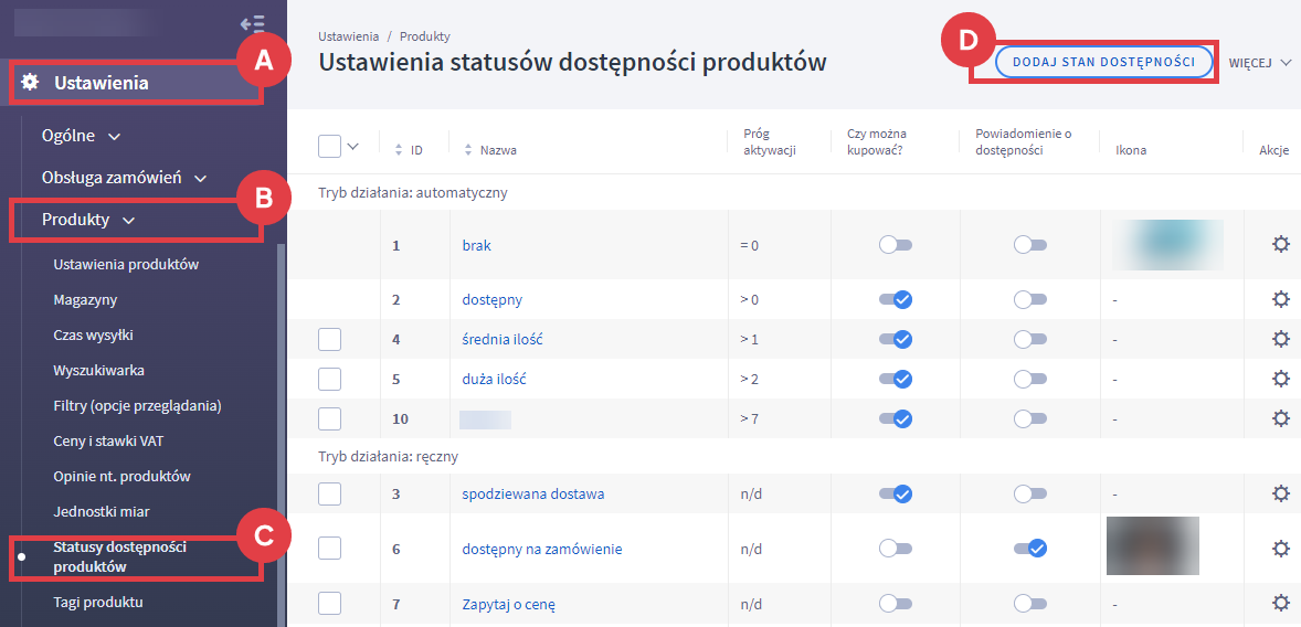 Panel administracyjny sklepu > Ustawienia > Produkty > Statusy dostępności produktów > Dodaj stan dostępności