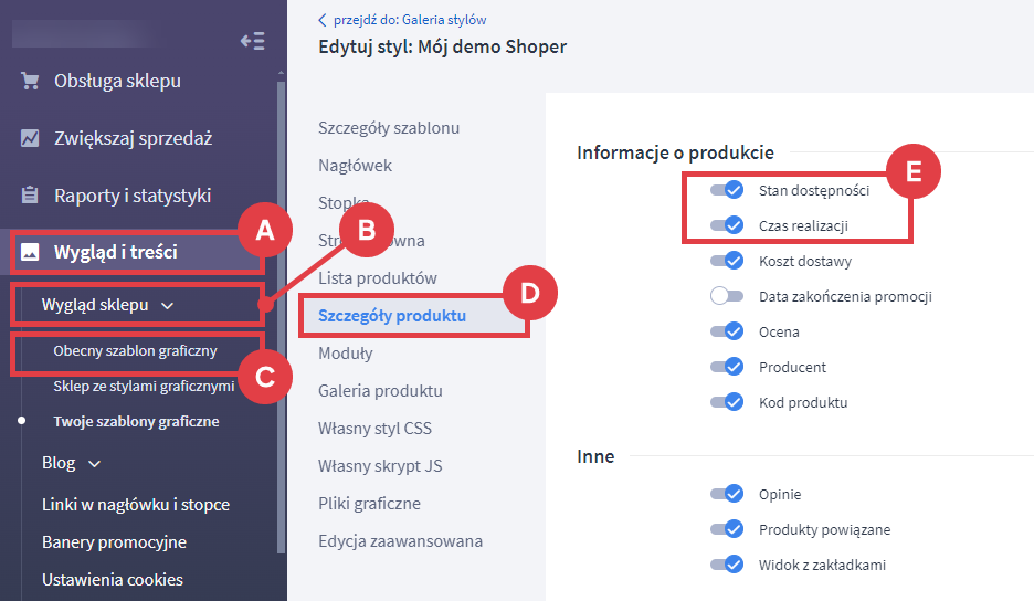 Panel administracyjny sklepu > Wygląd i treści > Wygląd sklepu > Obecny szablon graficzny > Szczegóły produktu > Informacje o produkcie > Stan dostępności i Czas realizacji