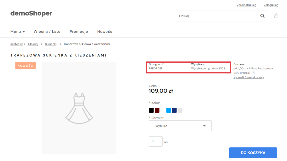 Przykład wyświetlania dostępności i nowego czasu wysyłki na stronie produktu w sklepie