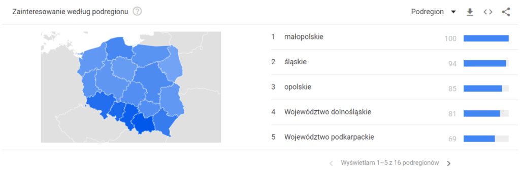 Mapa prezentująca zainteresowanie według podregionu w Google Trends