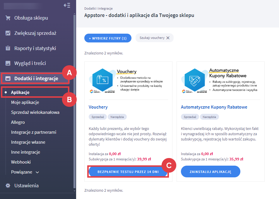 Panel administracyjny sklepu > Dodatki i integracje > Aplikacje > Vouchery