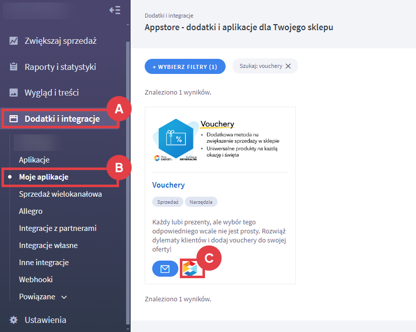 Panel administracyjny sklepu > Dodatki i integracje > Moje aplikacje > Vouchery