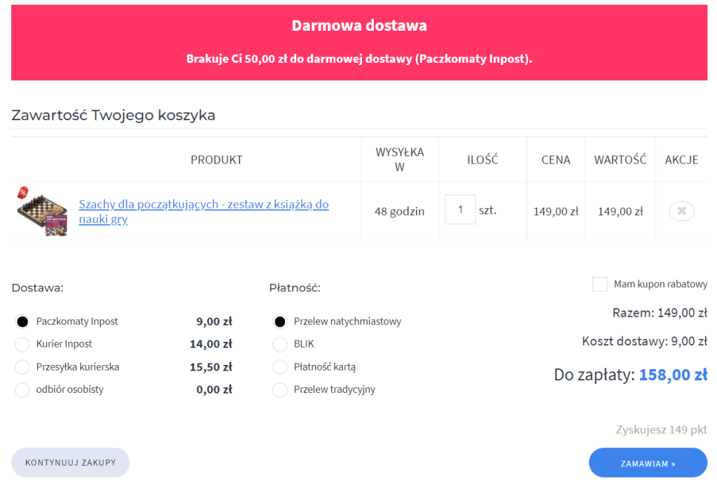 Informacja o darmowej dostawie wyświetlana w koszyku sklepu Shoper. Przykład komunikatu informującego o darmowej dostawie w koszyku sklepu Shoper