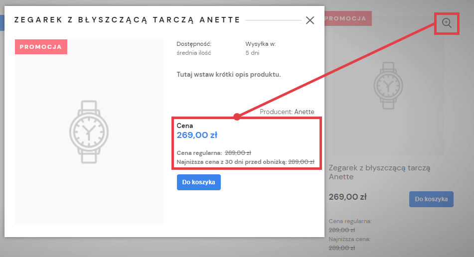Historia cen produktu na liście produktów w widoku podglądu produktu (lupka) Historia cen produktu na liście produktów w trybie podglądu produktu