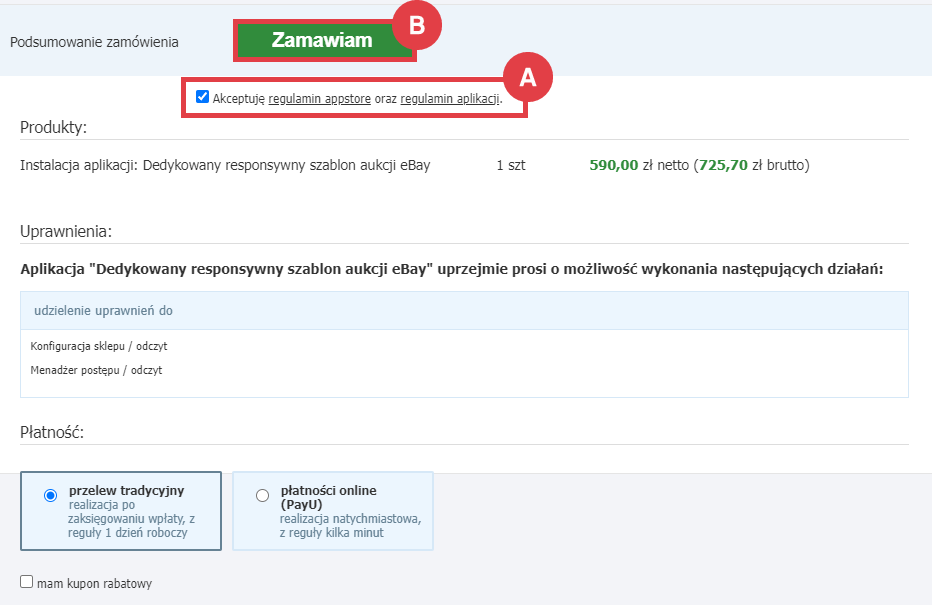 Zamów i dokonaj opłaty aktywacyjnej za stworzenie dedykowanego szablonu aukcji eBay Panel administracyjny sklepu > Dodatki i integracje > Aplikacje > Dedykowany responsywny szablon aukcji eBay > Zamawianie