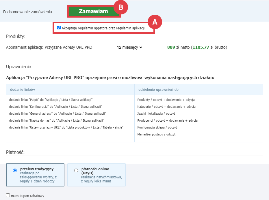 Panel administracyjny sklepu > Dodatki i integracje > Aplikacje > Przyjazne Adresy URL PRO > Zamawianie abonamentu