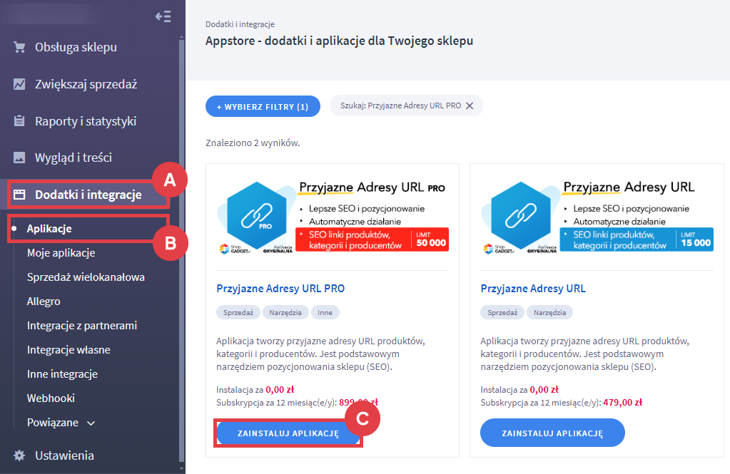 Panel administracyjny sklepu > Dodatki i integracje > Aplikacje > Przyjazne Adresy URL PRO