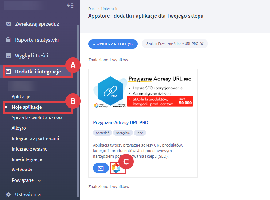 Panel administracyjny sklepu > Dodatki i integracje > Moje aplikacje > Przyjazne Adresy URL PRO