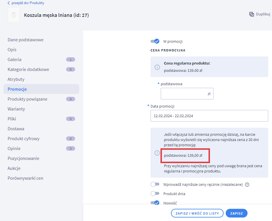 Panel administracyjny sklepu > Obsługa sklepu > Produkty > Produkt > Promocje > Najniższa cena produktu dyrektywa Omnibus