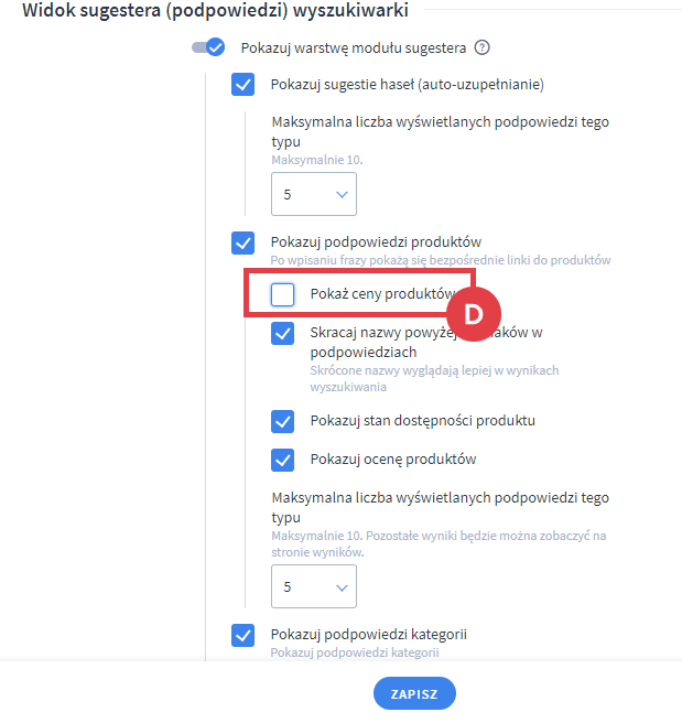 Panel administracyjny sklepu, ustawienia produkty wyszukiwarka widok suggestera (podpowiedzi) wyszukiwarki