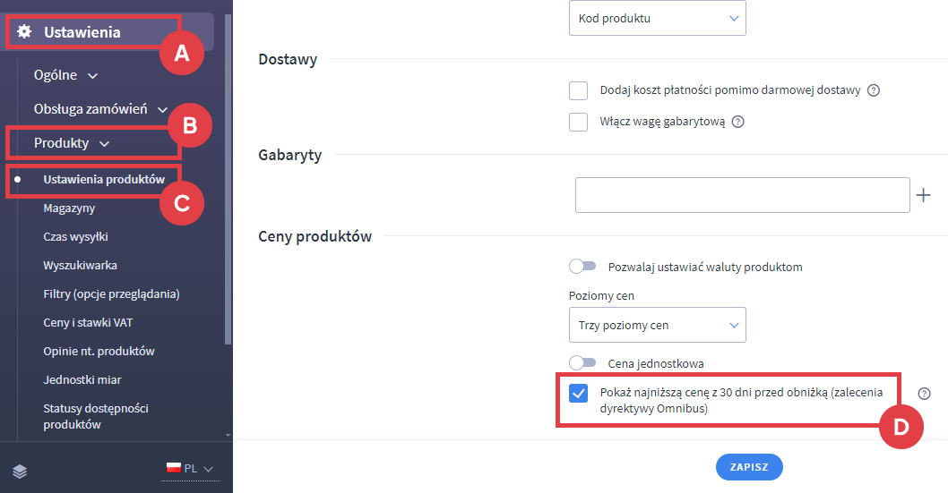 Panel administracyjny sklepu Shoper Ustawienia > Ustawienia produktów > Pokaż najniższą cenę z 30 dni