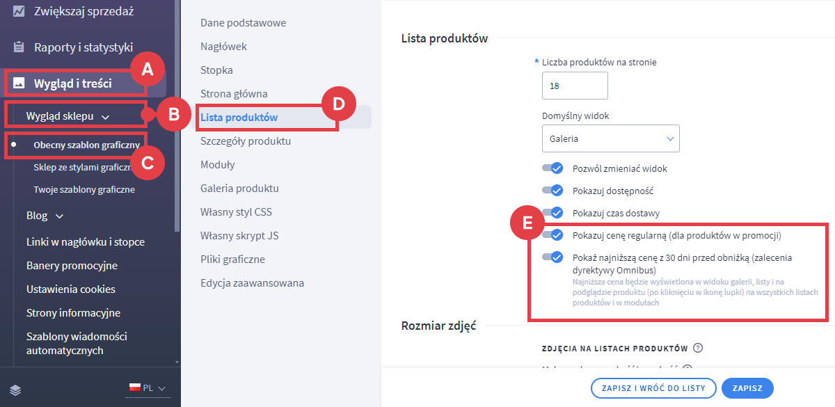 Panel administracyjny sklepu > Wygląd i treści > Wygląd sklepu > Obecny szablon graficzny > Lista produktów > Pokaż cenę regularną i pokaż najniższą cenę z 30 dni przed obniżką