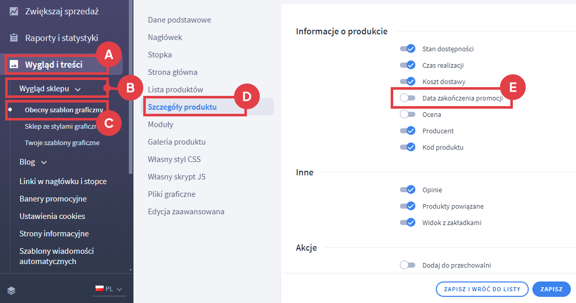 Panel administracyjny sklepu > Wygląd i treści > Wygląd sklepu > Obecny szablon graficzny > Lista produktów > Data zakończenia promocji