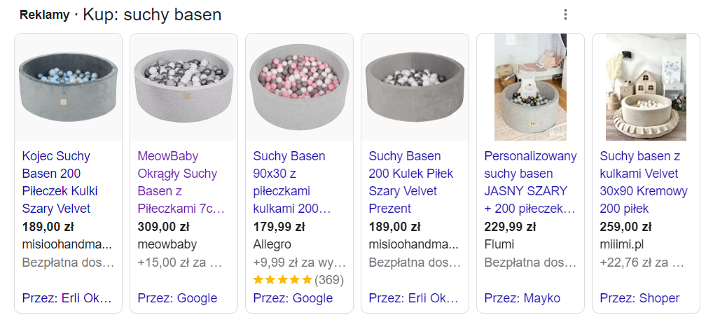 Przykładowe reklamy produktów w sekcji Zakupy (Google Ads). Przykład reklam w sekcji Zakupy w wyszukiwarce Google