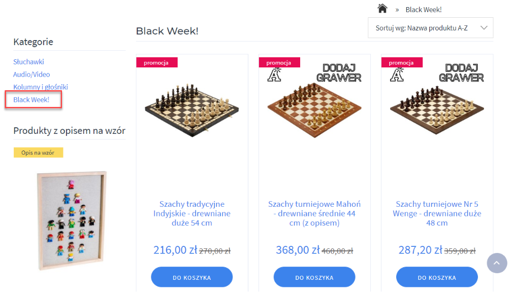Przykładowa kategoria produktów z listą produktów objętych promocją. Przykład dedykowanej kategorii artykułów w menu sklepu internetowego.