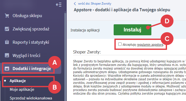 Panel administracyjny sklepu > Dodatki i integracje > Aplikacje