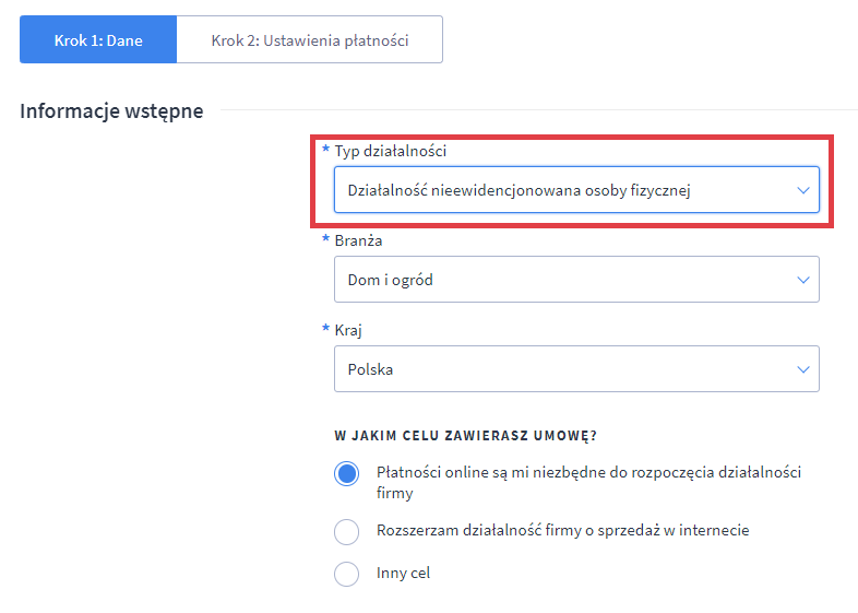 Uzupełnij dane formularza zgodnie ze stanem faktycznym Panel Shoper Płatności, aktywacja konta