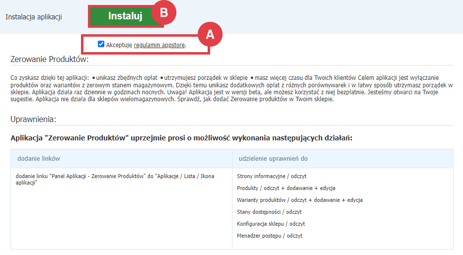 Panel administracyjny > Dodatki i integracje > Aplikacje > Zerowanie Produktów > Instalacja