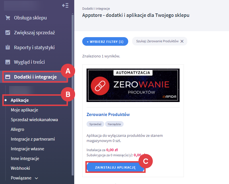 Panel administracyjny > Dodatki i integracje > Aplikacje > Zerowanie Produktów