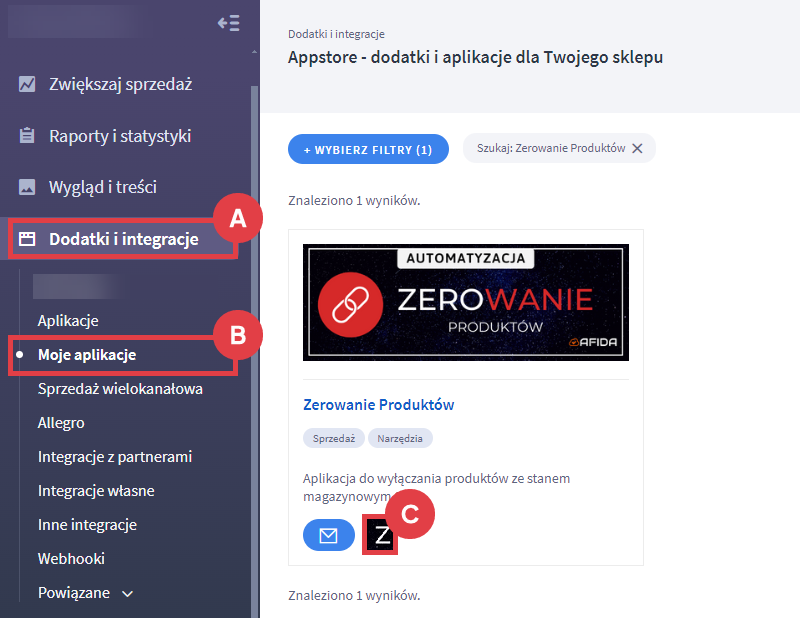 Panel administracyjny > Dodatki i integracje > Moje aplikacje > Zerowanie Produktów