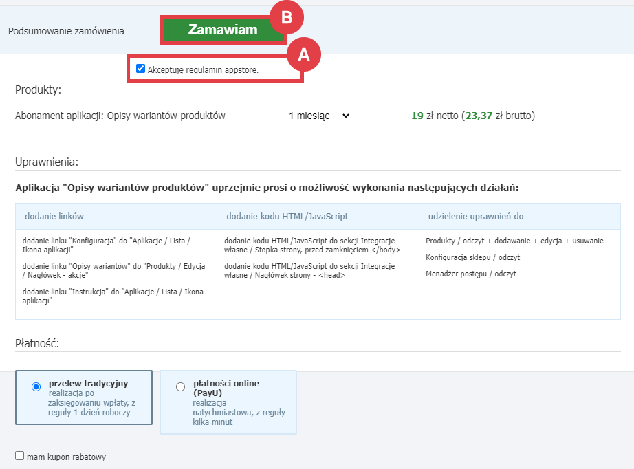 Zamów abonament aplikacji Opisy wariantów produktów w sklepie internetowym Shoper Panel administracyjny sklepu > Dodatki i integracje > Aplikacje > Opisy wariantów produktów > Instalacja