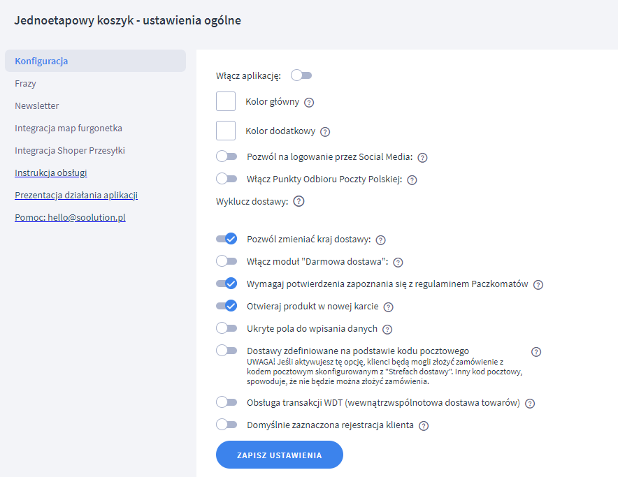 Wprowadź niezbędne ustawienia dla jednoetapowego koszyka Panel administracyjny sklepu > Dodatki i integracje > Moje aplikacje > Jednoetapowy koszyk Shoper > Konfiguracja