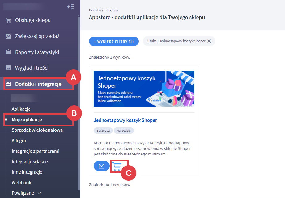 Zacznij korzystać z narzędzia Jednoetapowy koszyk Shoper w sklepie Panel administracyjny sklepu > Dodatki i integracje > Moje aplikacje > Jednoetapowy koszyk Shoper