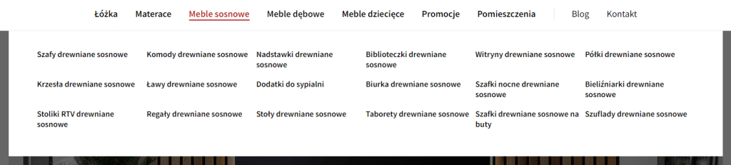 Przykład jak wygląda rozbudowane menu w internetowym sklepie meblowym