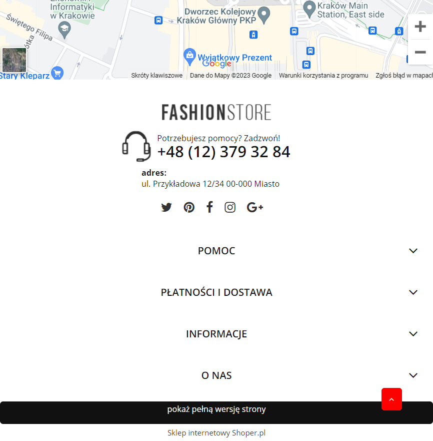 Przykładowy wygląd stopki w sklepach Shoper z dodaną mapą dojazdu (wersja mobilna)