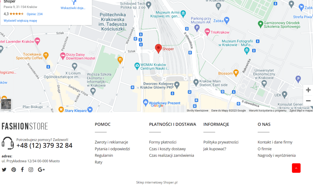 Przykładowy wygląd stacjonarnej stopki w sklepie internetowym Shoper z dodaną mapą dojazdu