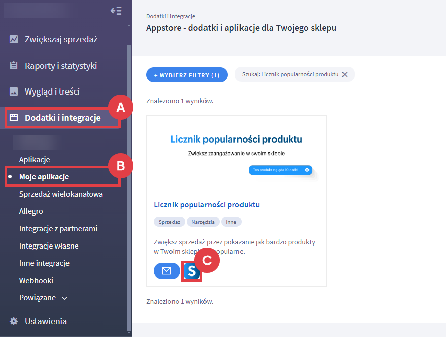 Przejdź do ustawień licznika popularności produktów ze sklepu internetowego Panel administracyjny sklepu > Dodatki i integracje > Moje aplikacje > Licznik popularności produktu