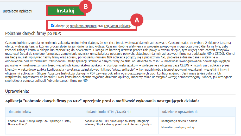 Panel administracyjny sklepu > Dodatki i integracje > Aplikacje > Pobieranie danych firmy po NIP > Instalacja