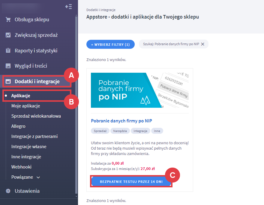 Panel administracyjny sklepu > Dodatki i integracje > Aplikacje > Pobieranie danych firmy po NIP