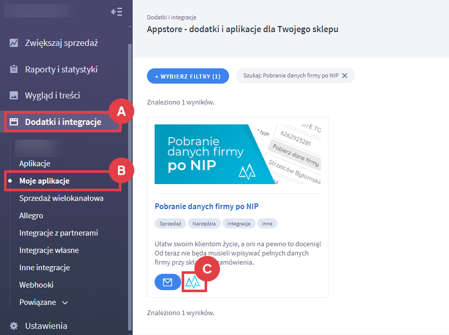Panel administracyjny sklepu > Dodatki i integracje > Moje aplikacje > Pobieranie danych firmy po NIP