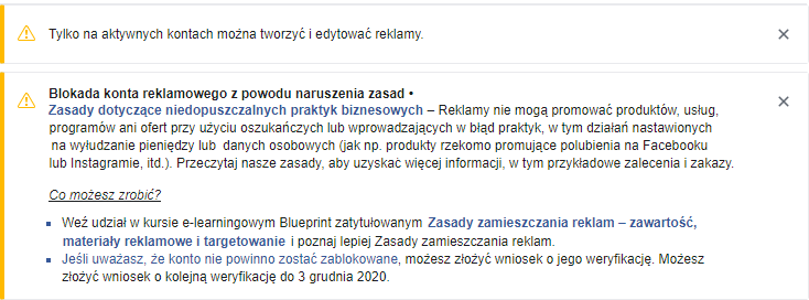 Jak wygląda komunikat o blokadzie konta reklamowego na Facebook