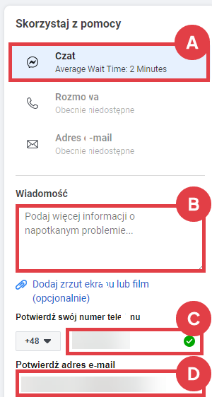 Menadżer Reklam na Facebooku > Pomoc > Kontakt > Inny problem > Problemy > Wiadomość