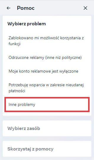 Facebook > Konto biznesowe > Jakość konta > Wsparcie > Problem