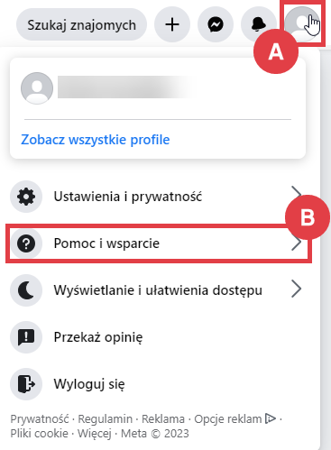 Facebook > Profil > Pomoc i wsparcie