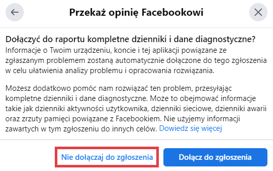 Facebook > Profil > Pomoc i wsparcie > Zgłoś problem > Wystąpił błąd > Przekazywanie opinii Facebookowi