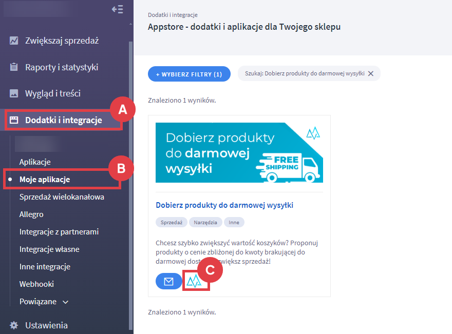 Przejdź do konfiguracji narzędzia podsuwającego propozycje produktów do spełnienia warunku darmowej przesyłki Panel administracyjny sklepu > Dodatki i integracje > Moje aplikacje > Dobierz produkty do darmowej wysyłki