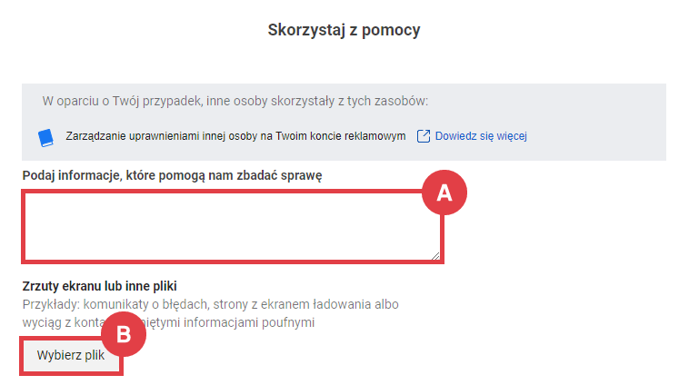 Facebook > Business > Help > Wybieranie problemu > Zasób > Informacje