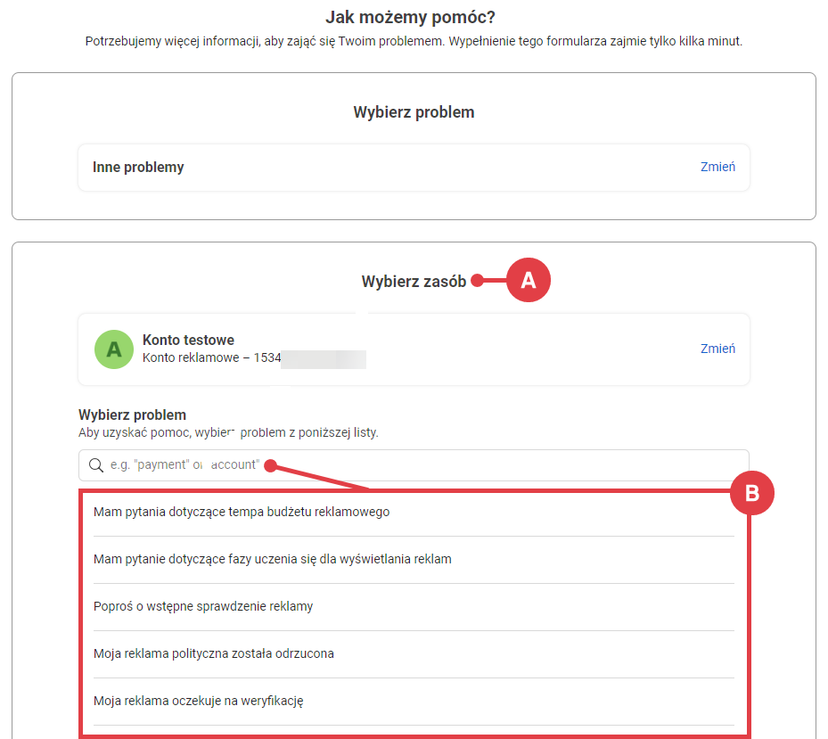 Facebook > Business > Help > Wybieranie problemu > Zasób
