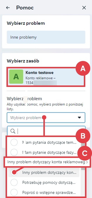 Facebook > Konto biznesowe > Jakość konta > Wsparcie > Problem > Zasób